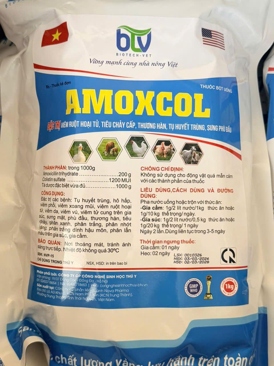 AMOXCOL 20% Đặc trị bệnh  do E.Coli Thương hàn viêm ruột hoại tử cho bê cừu heo gia cầm
