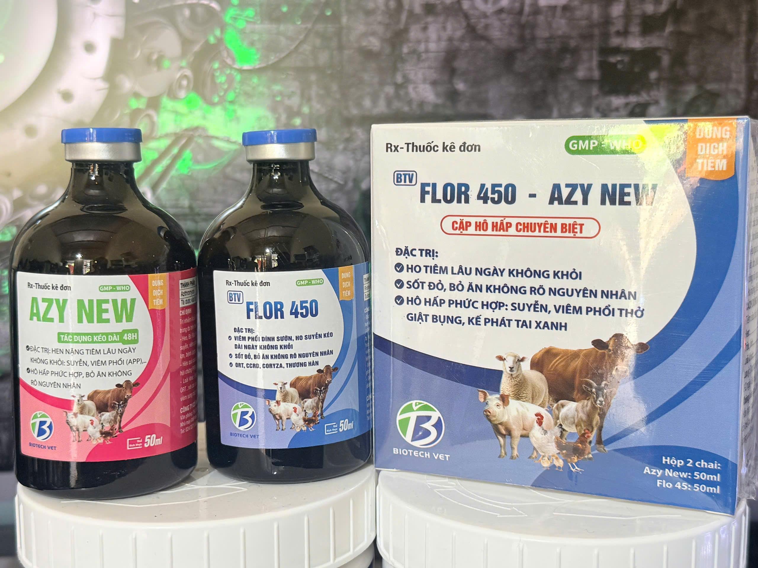 Flor 450 - AZI NEW - Viêm Phổi Dính Sườn, Ho Thở Giật Bụng, Sốt Bỏ Ăn, Tiêu Chảy Cấp - Hỗ Hấp Phức Hợp, Kế Phát Tai Xanh - Azithromycin 10g & Florfenicol 45g